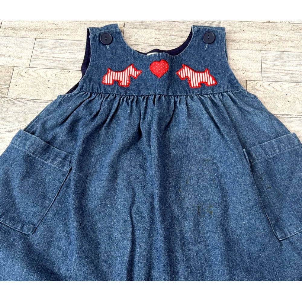 Vintage 90s SF Blues Kids Girls Toddler Denim Dress Scottie Dog Heart 24 Months
